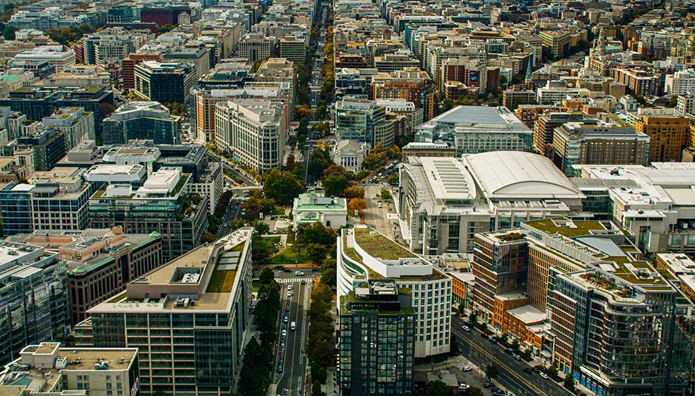 aerial shot of convention center